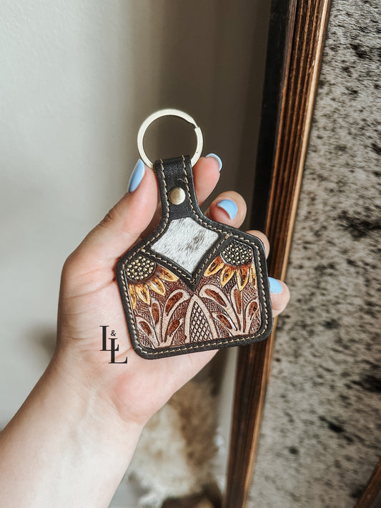 Dual Posies Tooled Leather Cowtag Keychain