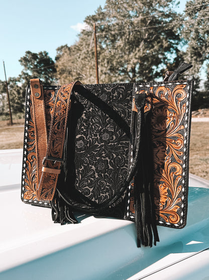 Embossed Midnight Leather Tote Crossbody