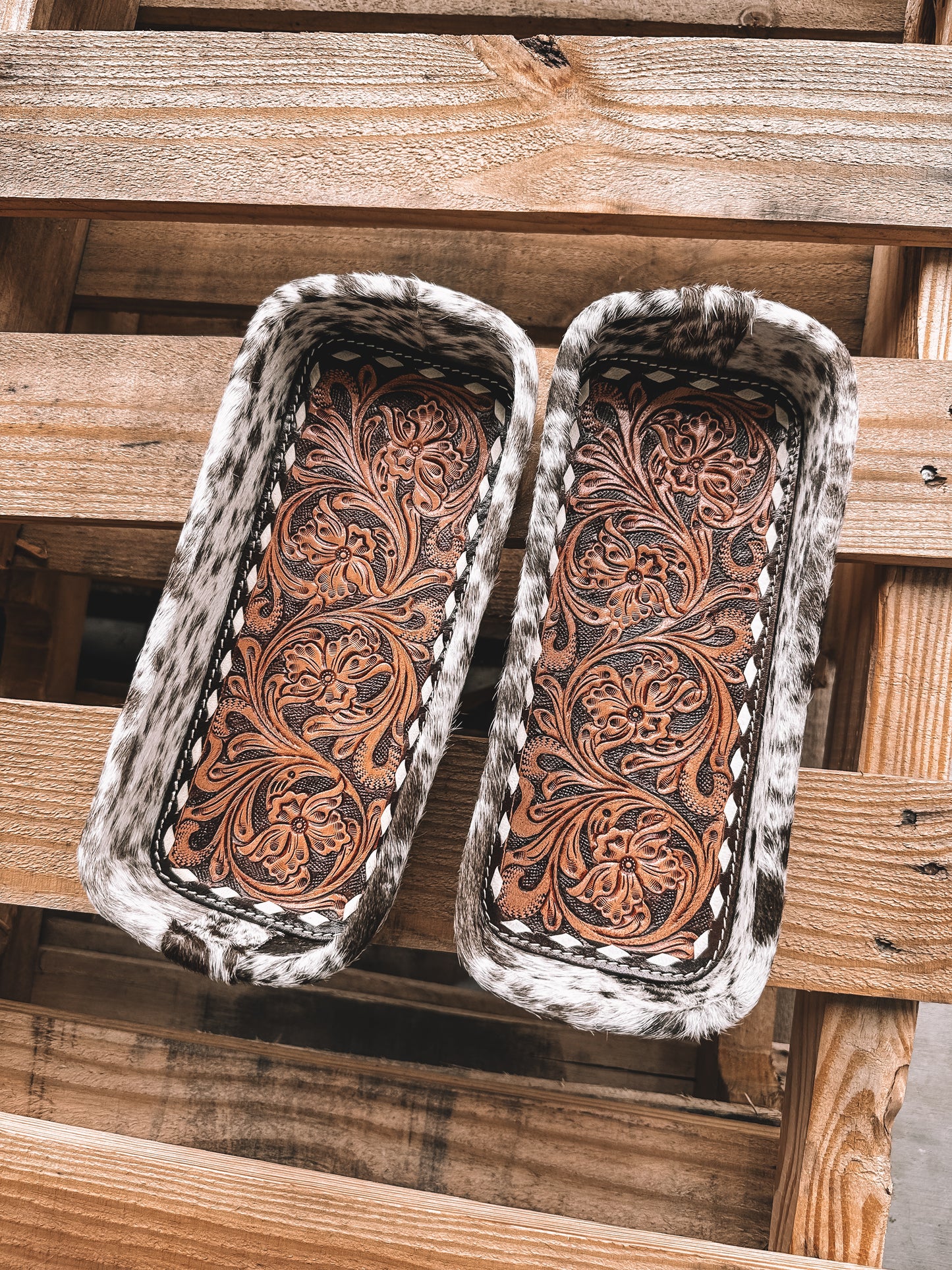 Tooled Leather Floral Cowhide Tray