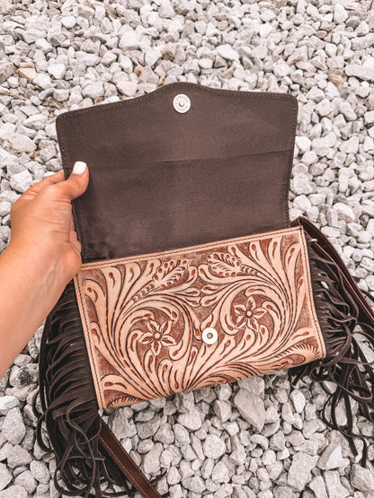 Turquoise Lux Tooled Crossbody - Brown