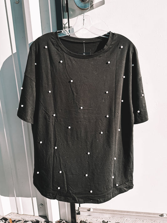Black Tee with Pearl Detail