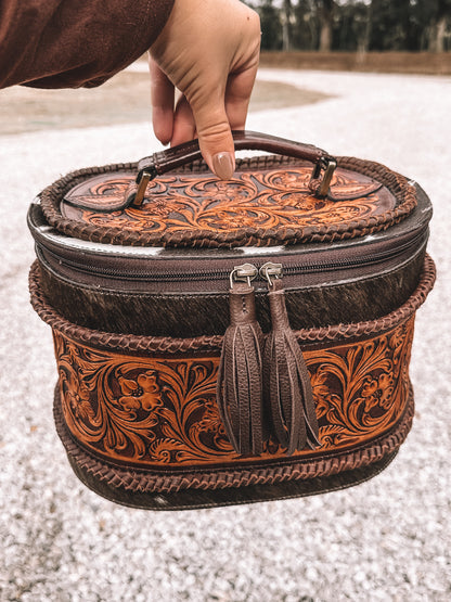 Braided Cowhide & Tooled Leather Accessory Bag in Brown