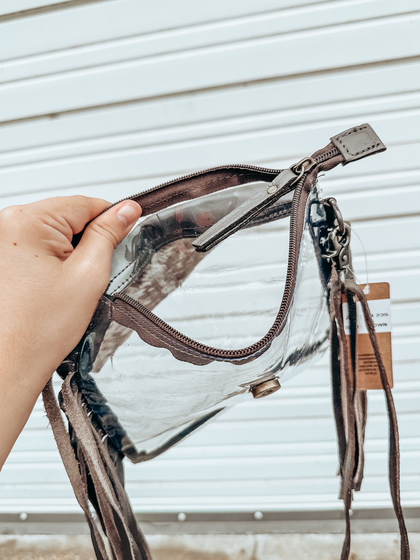 Fringe Cowhide Stadium Crossbody in Brown