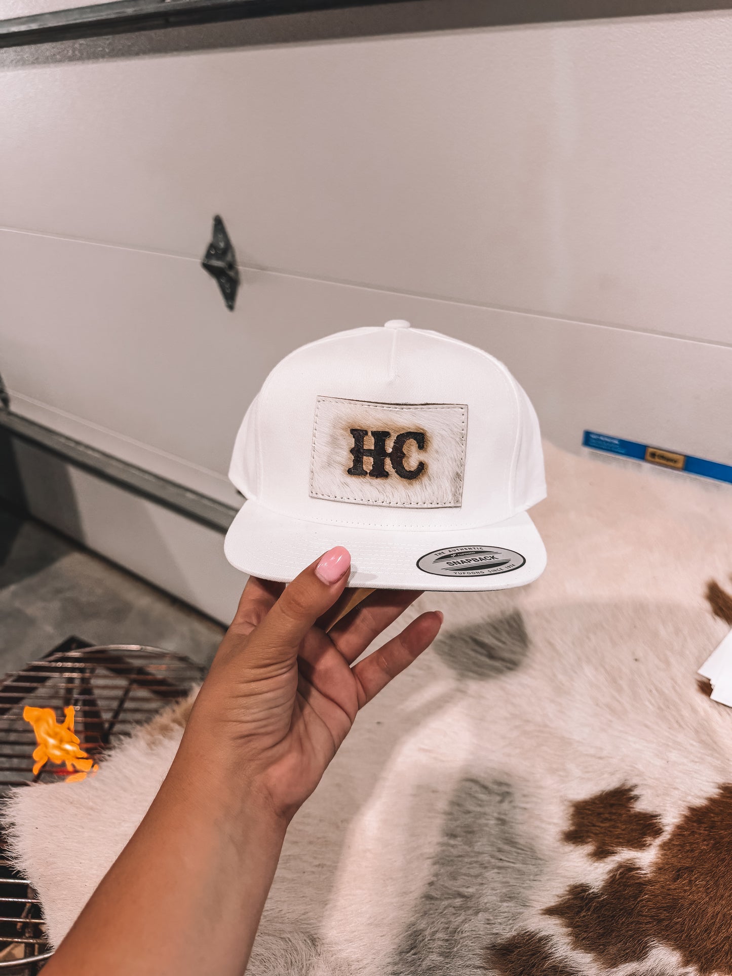 Cowhide Flat Bill Hat White Rectangle PREORDER