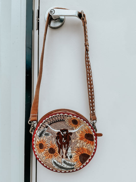 Round Longhorn Leather Crossbody