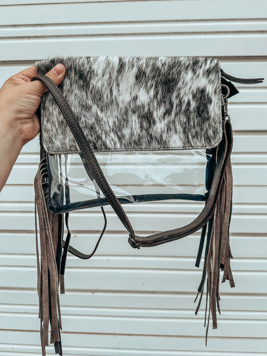 Fringe Cowhide Stadium Crossbody in Black