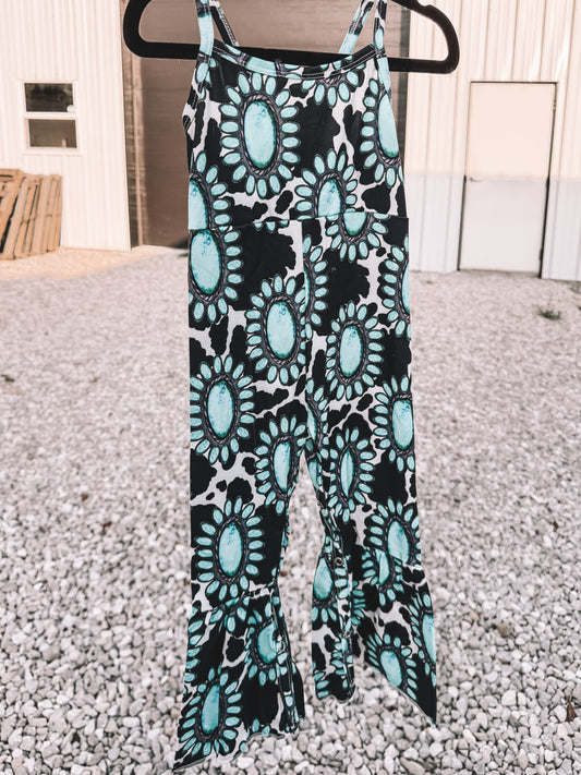 Girls Turquoise & Cow Jumpsuit