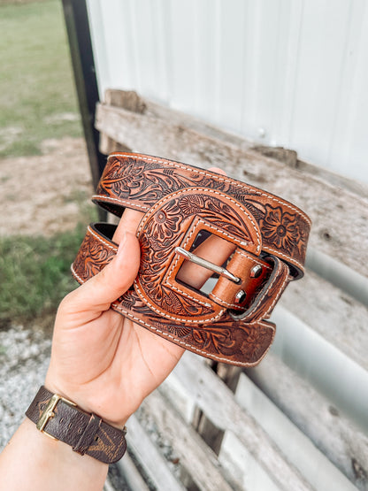 Talon Tooled Leather Belt in Brown
