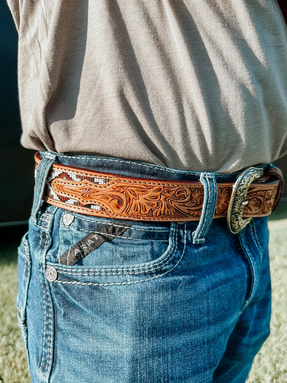 Beaded Leather Belt in Brown