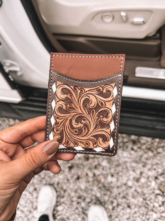 Tooled Leather Swirl Card Holder with Buckstitch