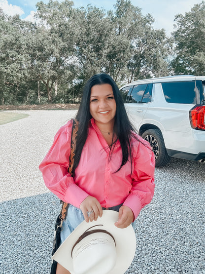 Pink Puff Sleeve Button Down Top