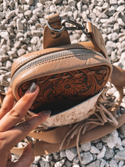 Beige Cowhide & Leather Crossbody Bag