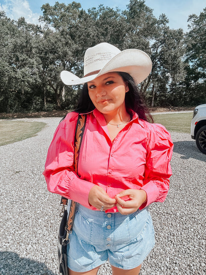 Pink Puff Sleeve Button Down Top
