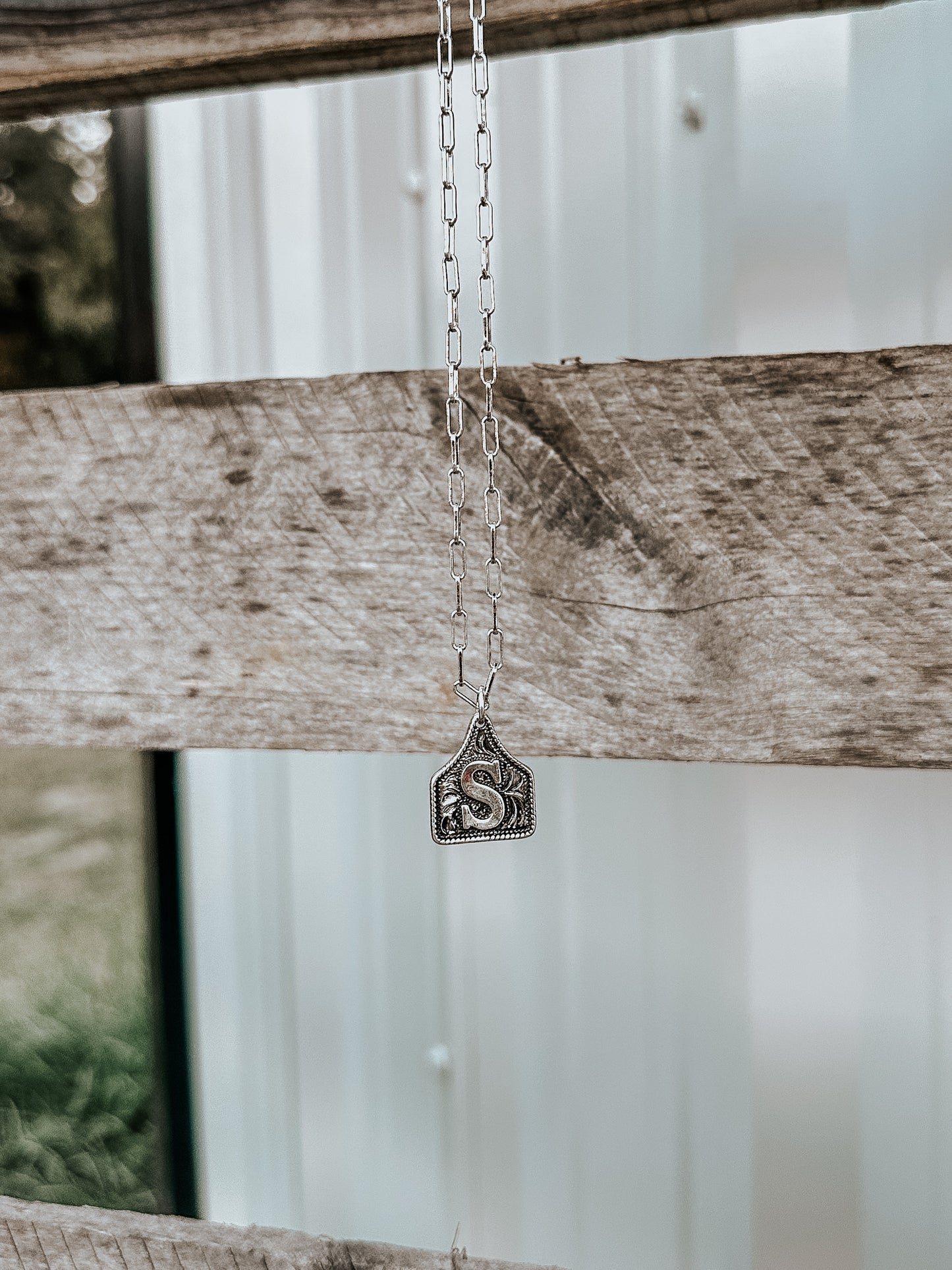 Silver Etched Ear Tag Initial Necklace