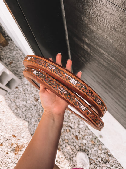 Longhorn Tooled Leather Steering Wheel Cover in Brown 14 inch