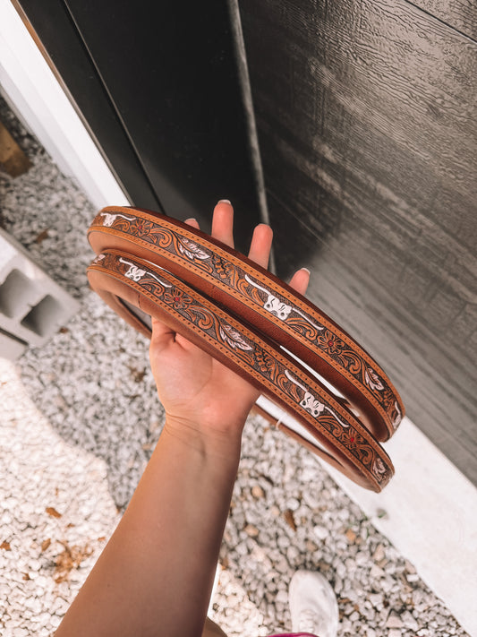 Longhorn Tooled Leather Steering Wheel Cover in Brown 14 inch