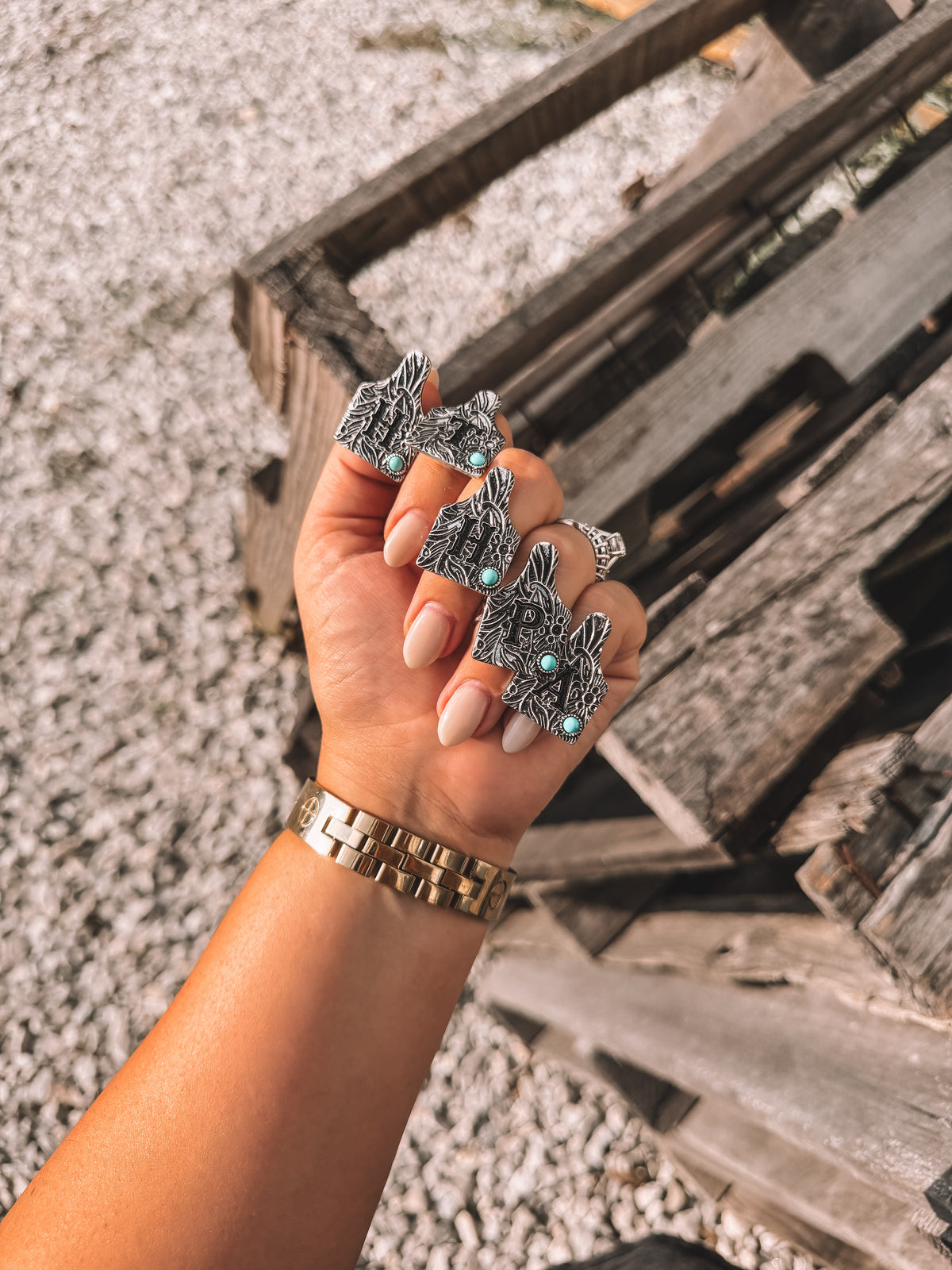 Turquoise Initial Cowtag Ring