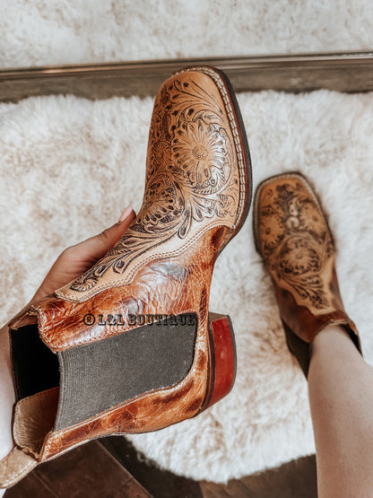 Square Toe Tooled Leather Booties