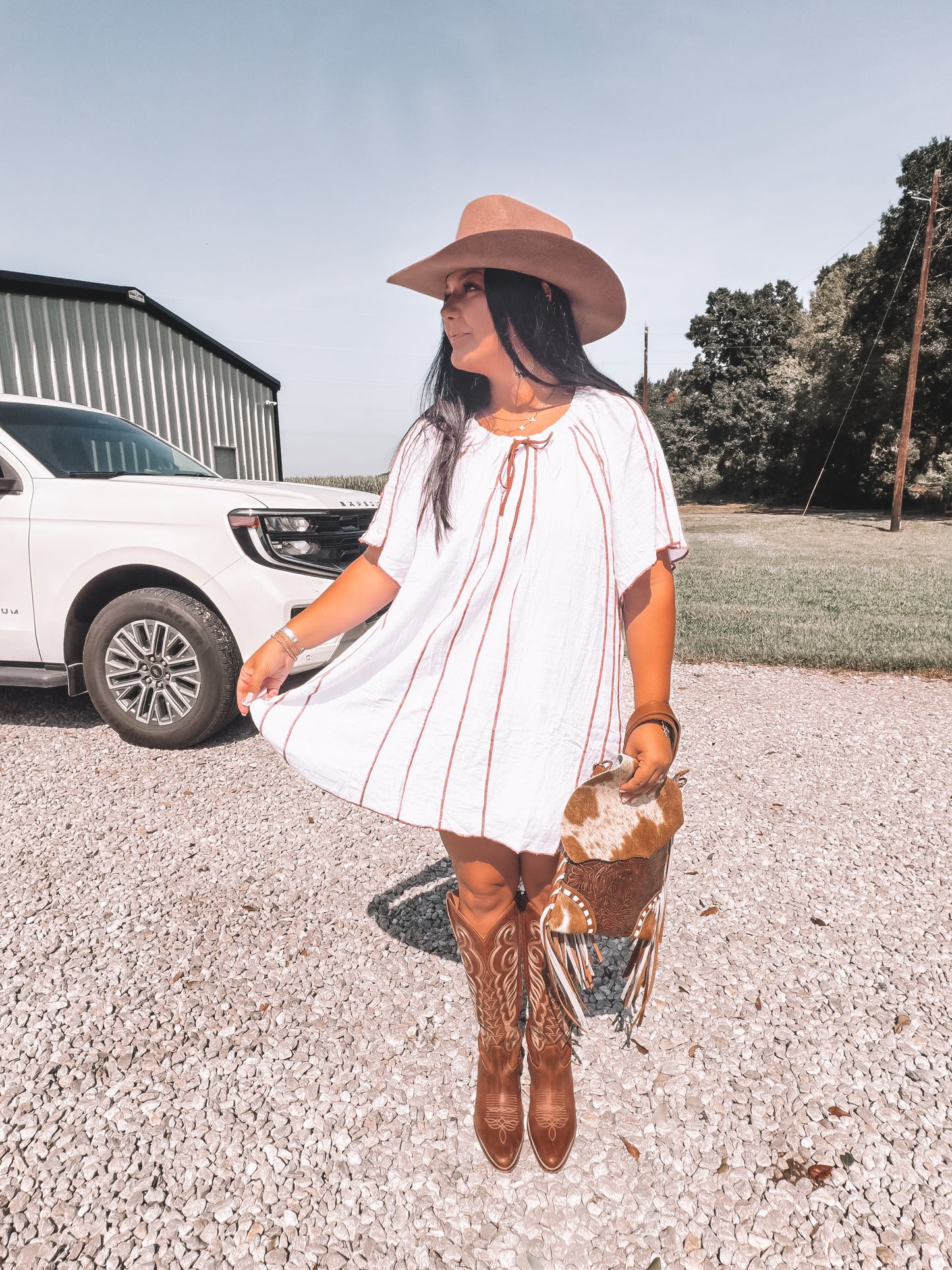 Seam Detail White & Brown Woven Dress