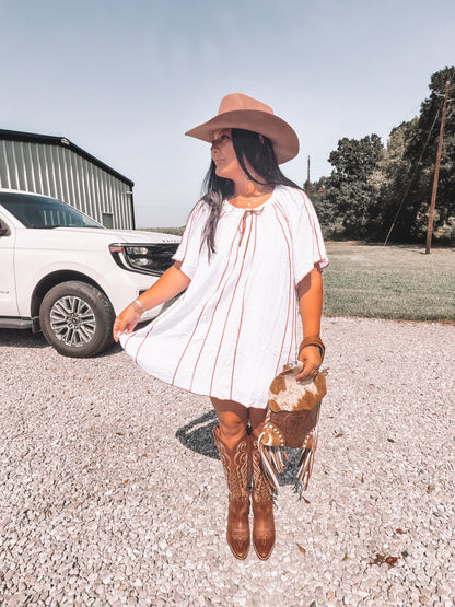 Seam Detail White & Brown Woven Dress