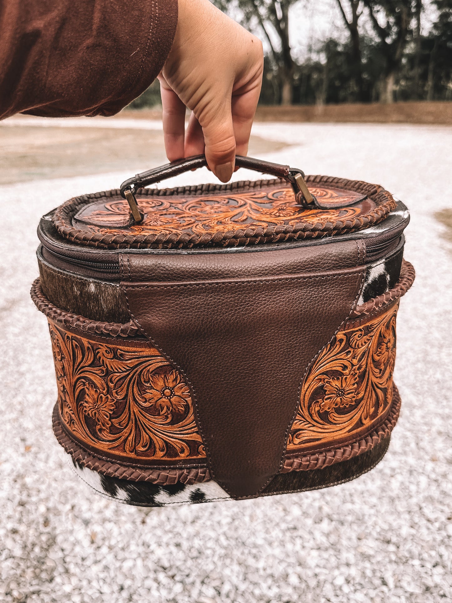 Braided Cowhide & Tooled Leather Accessory Bag in Brown