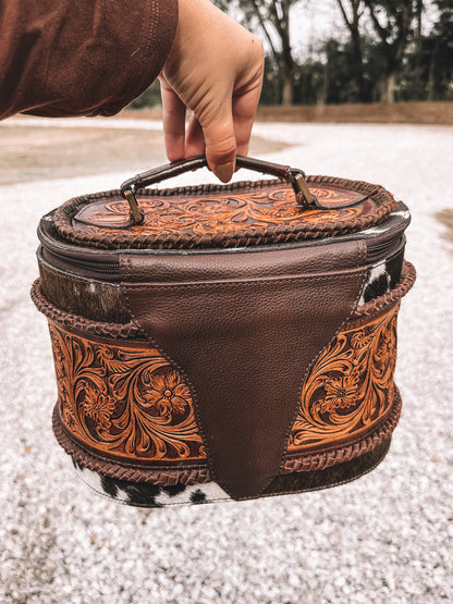 Braided Cowhide & Tooled Leather Accessory Bag in Brown