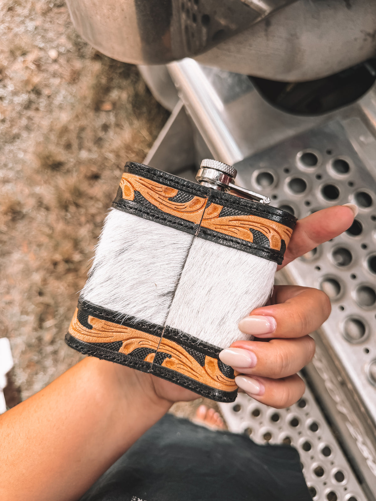 Tooled Leather & Cowhide Flask
