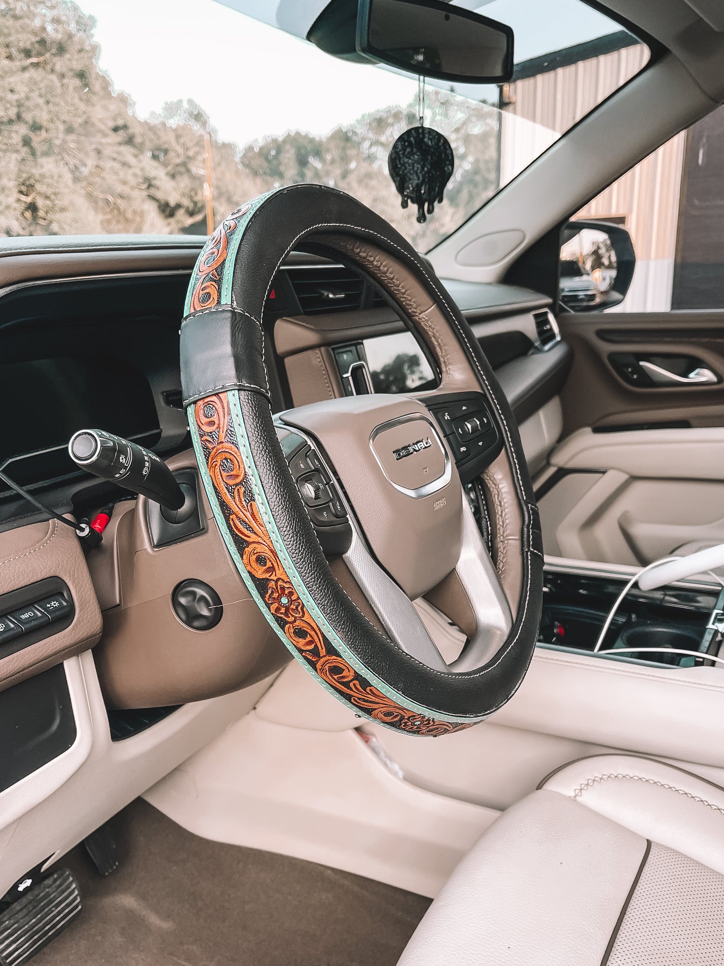 Turquoise Leather Steering Wheel Cover 15 inch