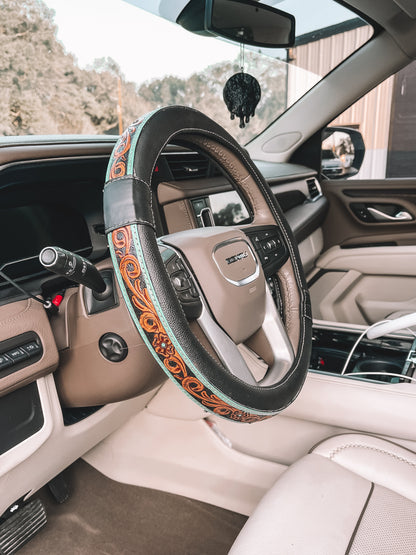 Turquoise Leather Steering Wheel Cover 15 inch