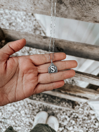 Silver Etched Ear Tag Initial Necklace