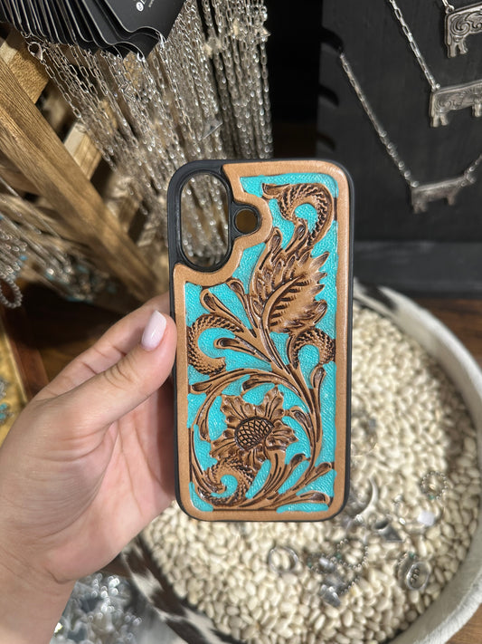 Turquoise Leather Phone Case (iPhone 16)