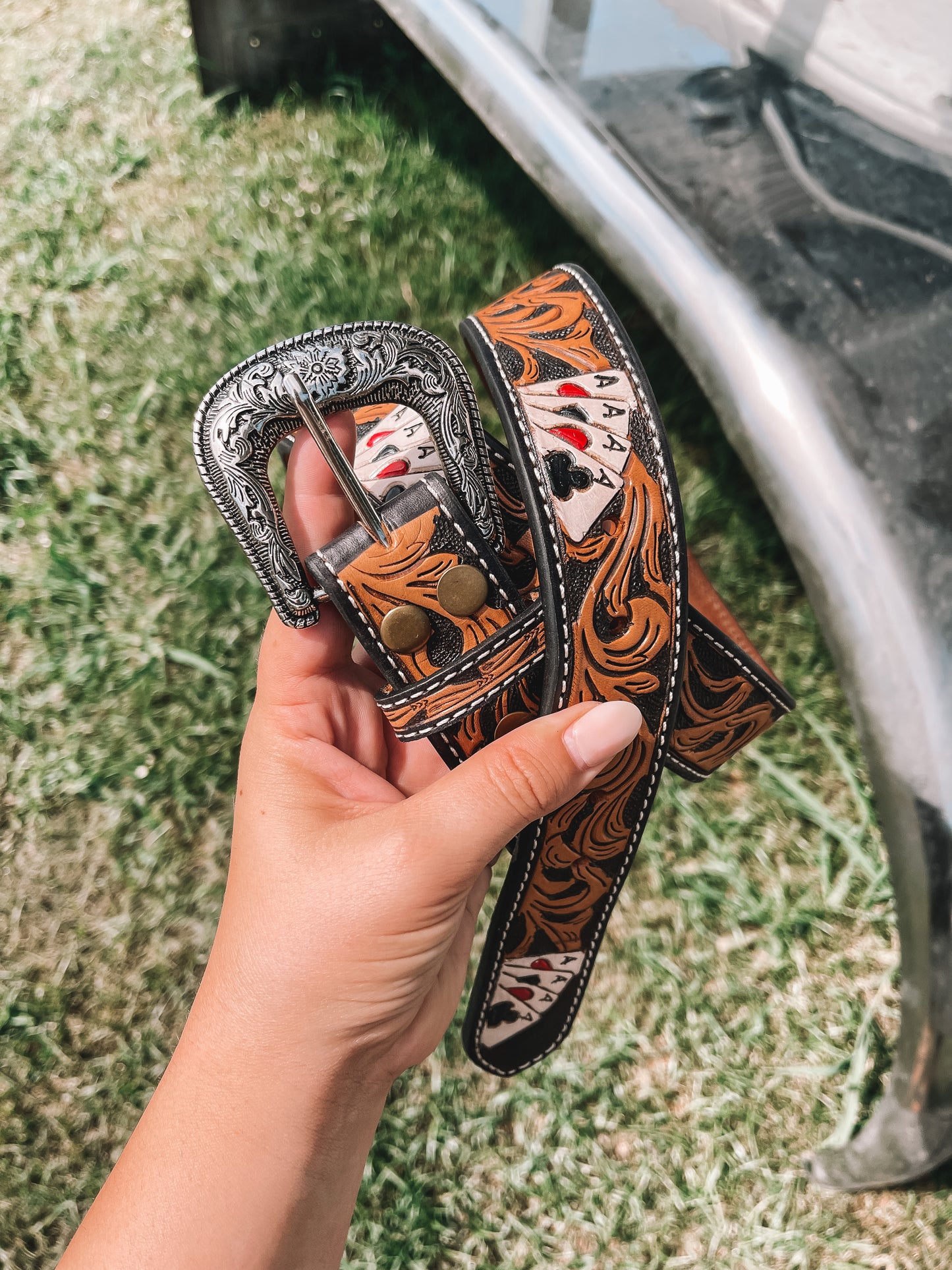 Aces Tooled Leather Belt