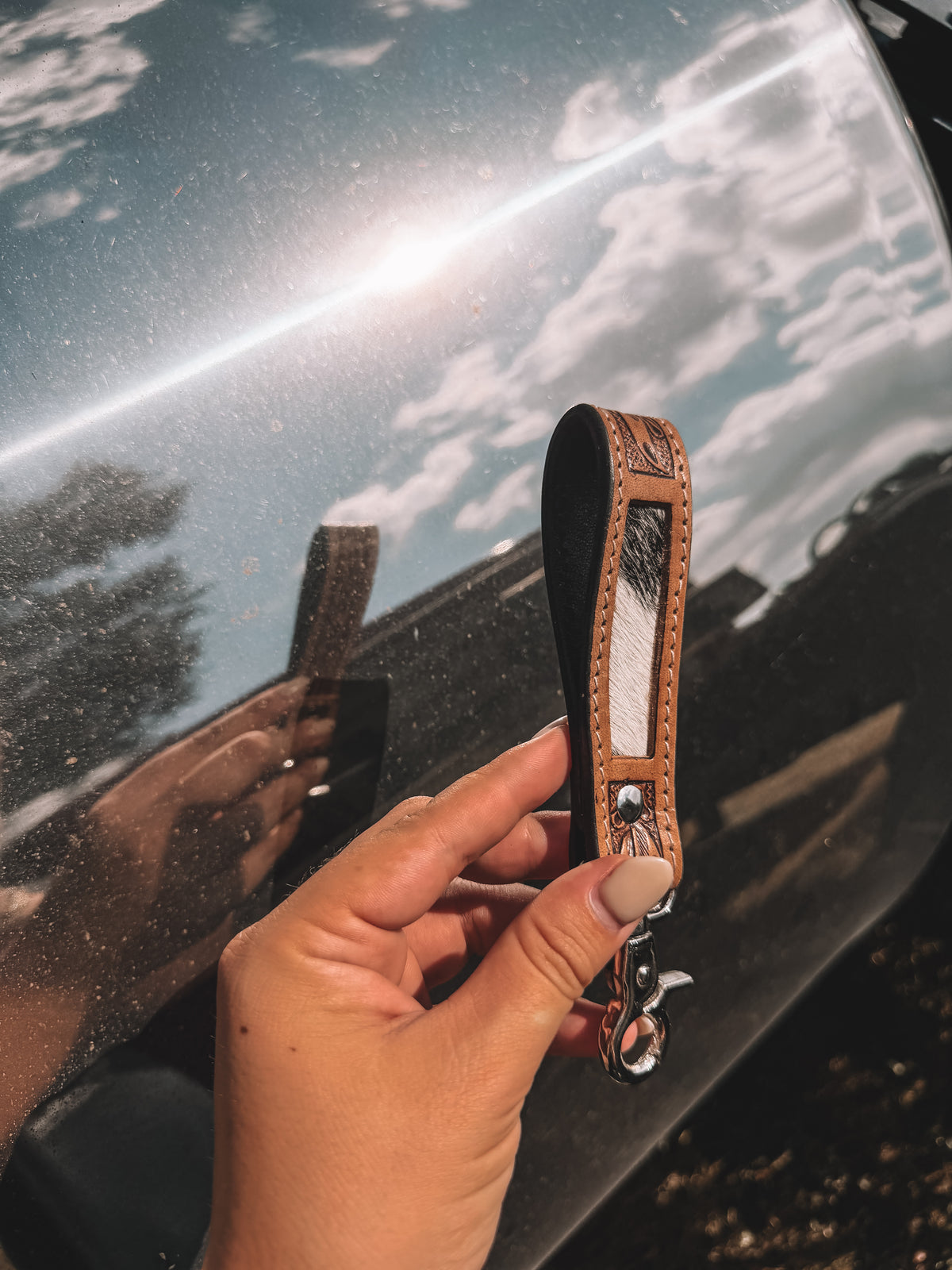 Inlay Tooled Leather & Cowhide Keychain