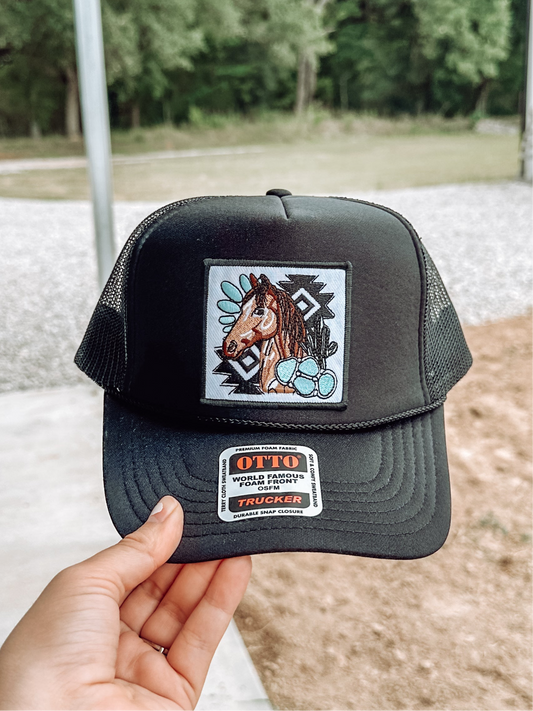 Turquoise Horse Patch Trucker Hat in Black