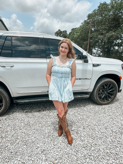 Ruffle Denim Romper in Light