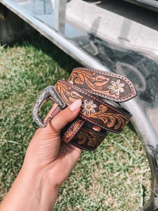 White Daisies Tooled Leather Belt