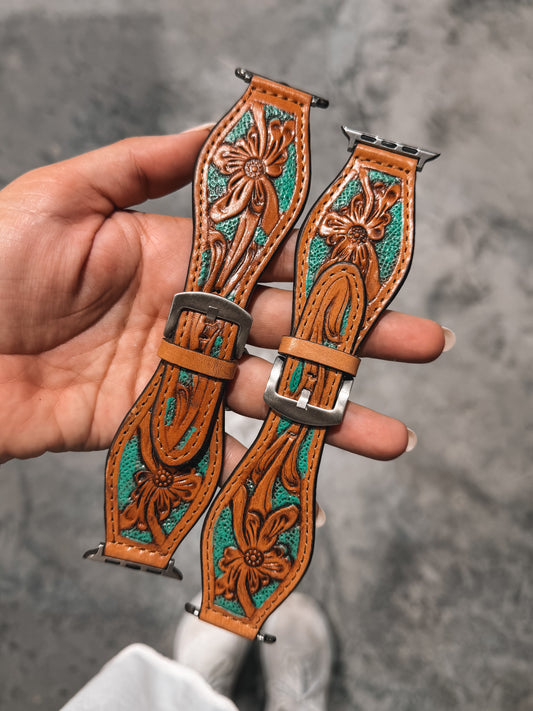 Leather Flare Watch Band Turquoise Floral 42/44/45mm