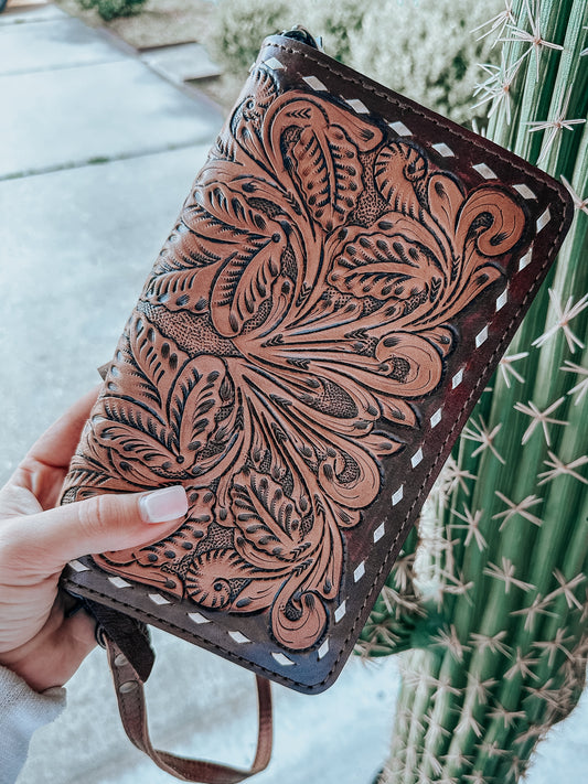 Tooled Leather Double Wallet Purse
