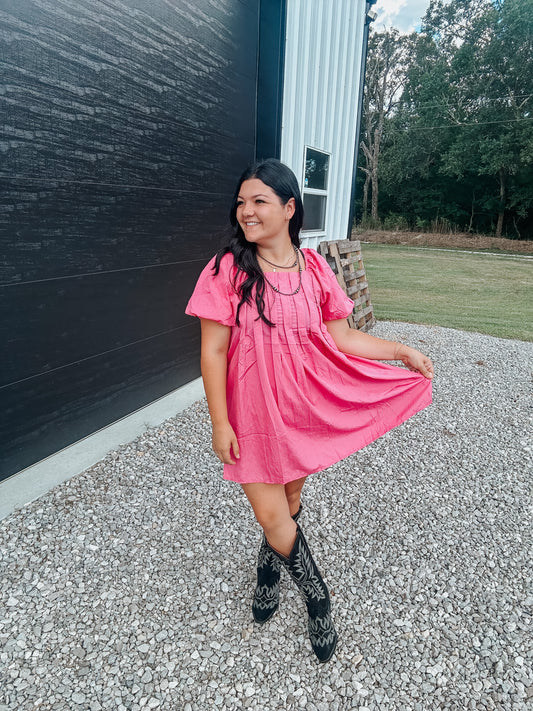 Pink Patterned Babydoll Dress