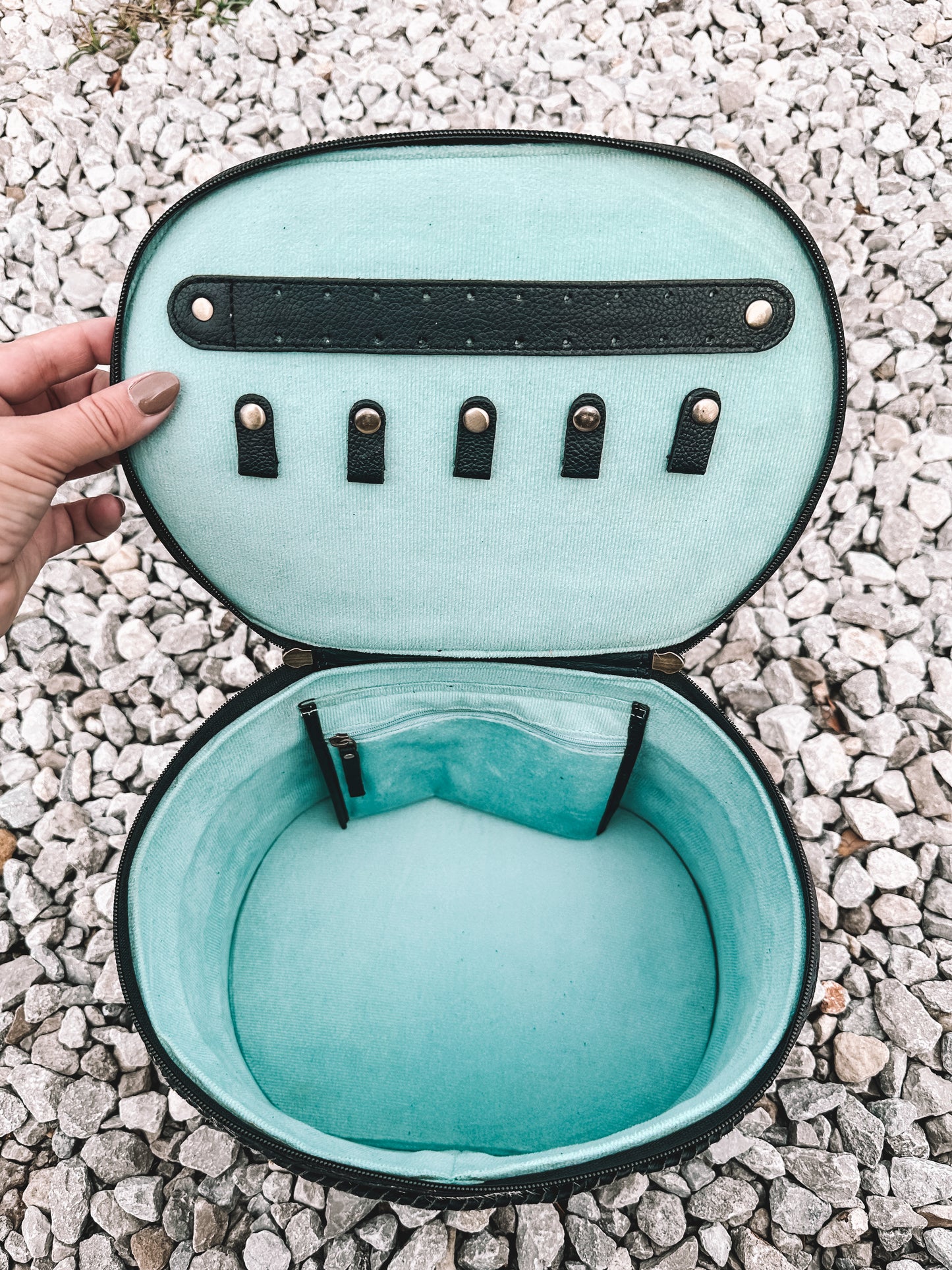 Braided Cowhide & Tooled Leather Accessory Bag in Black