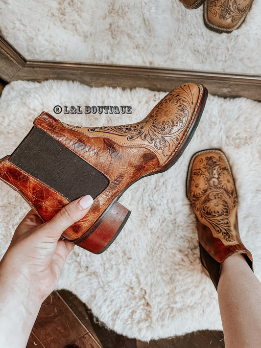 Square Toe Tooled Leather Booties