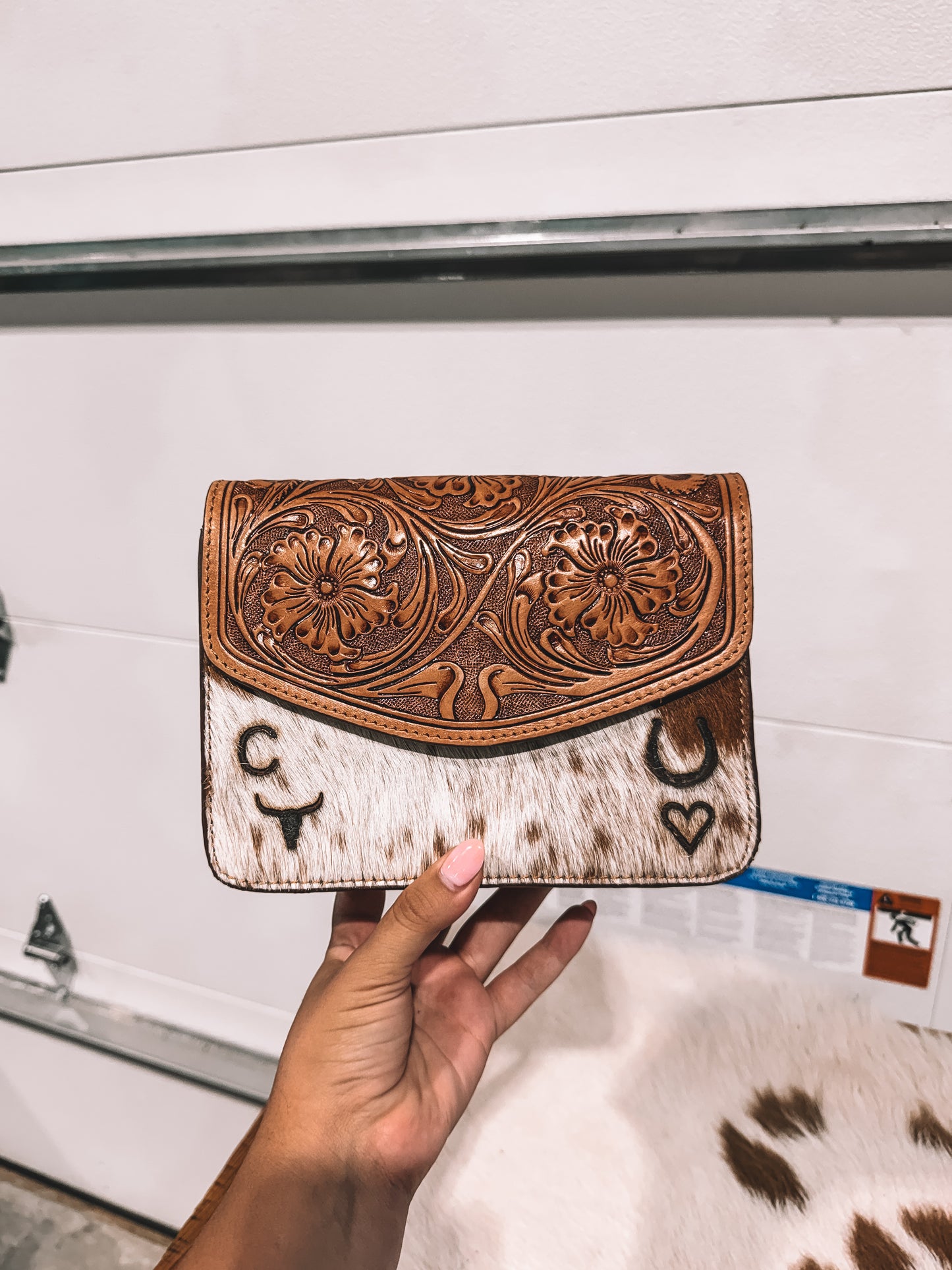 Bridle Cowhide Crossbody (branded as shown)