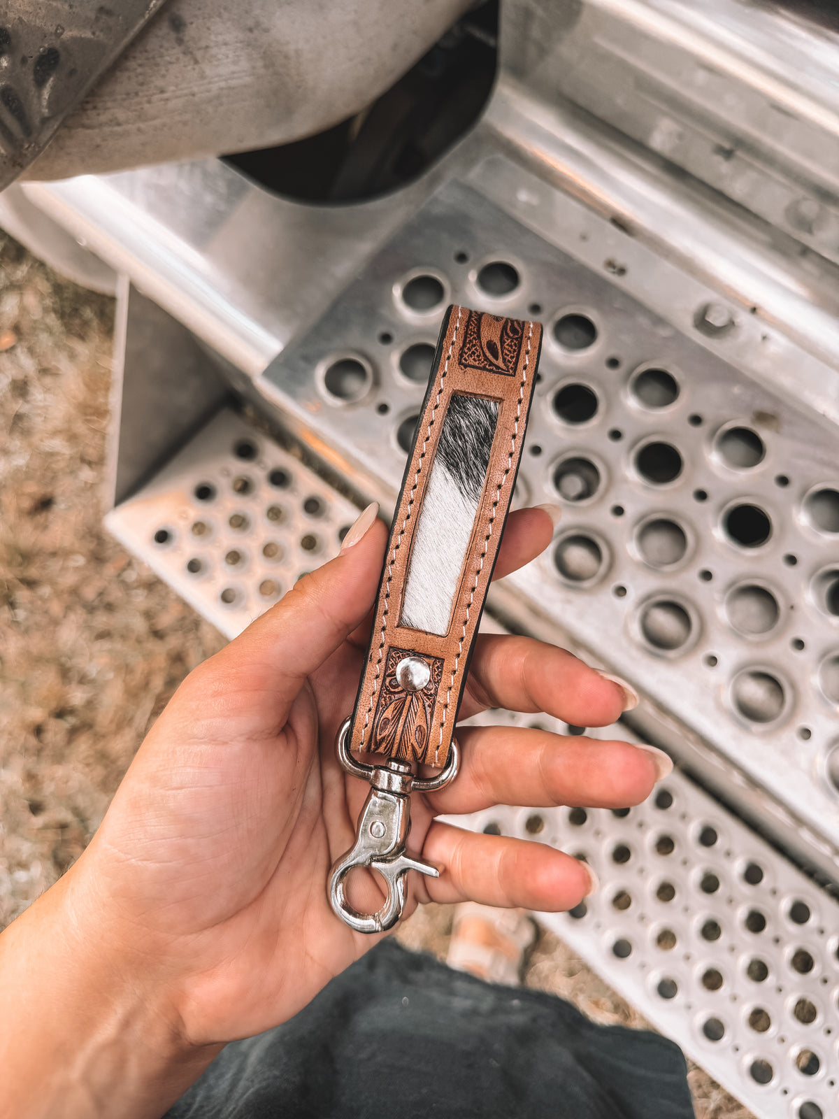 Inlay Tooled Leather & Cowhide Keychain