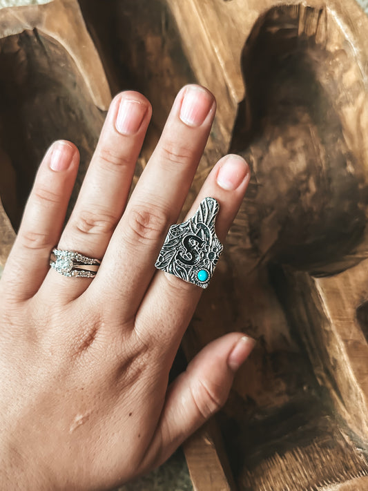 Turquoise Initial Cowtag Ring