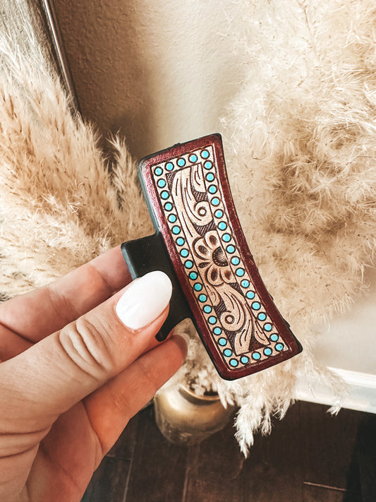 Turquoise Dotted Leather Claw Clip