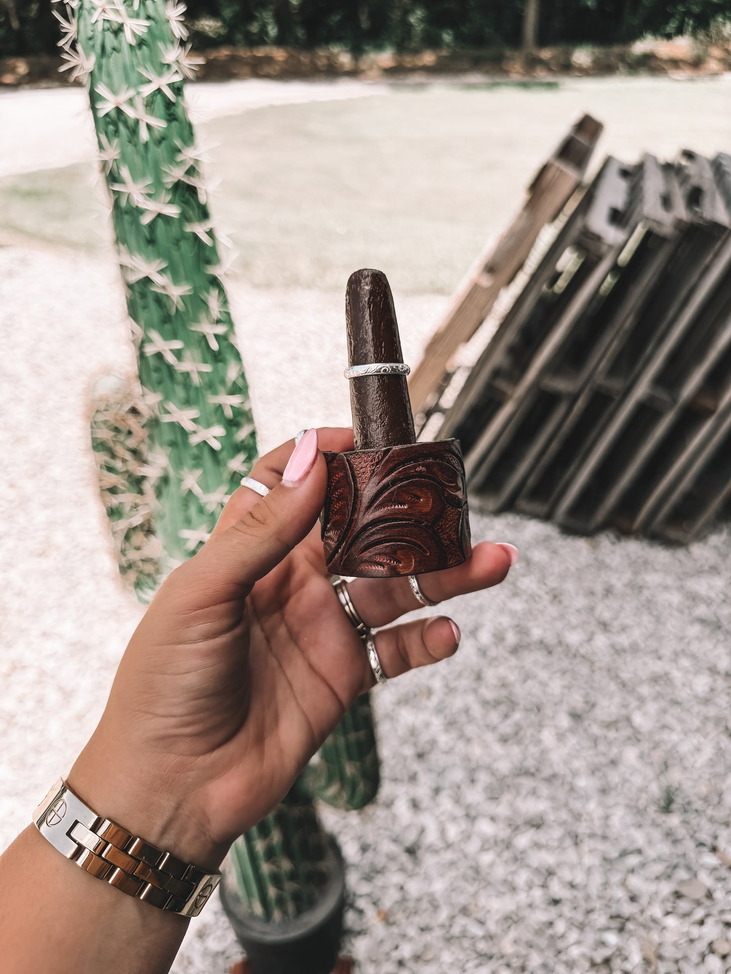 Tooled Leather Ring Prong Holder