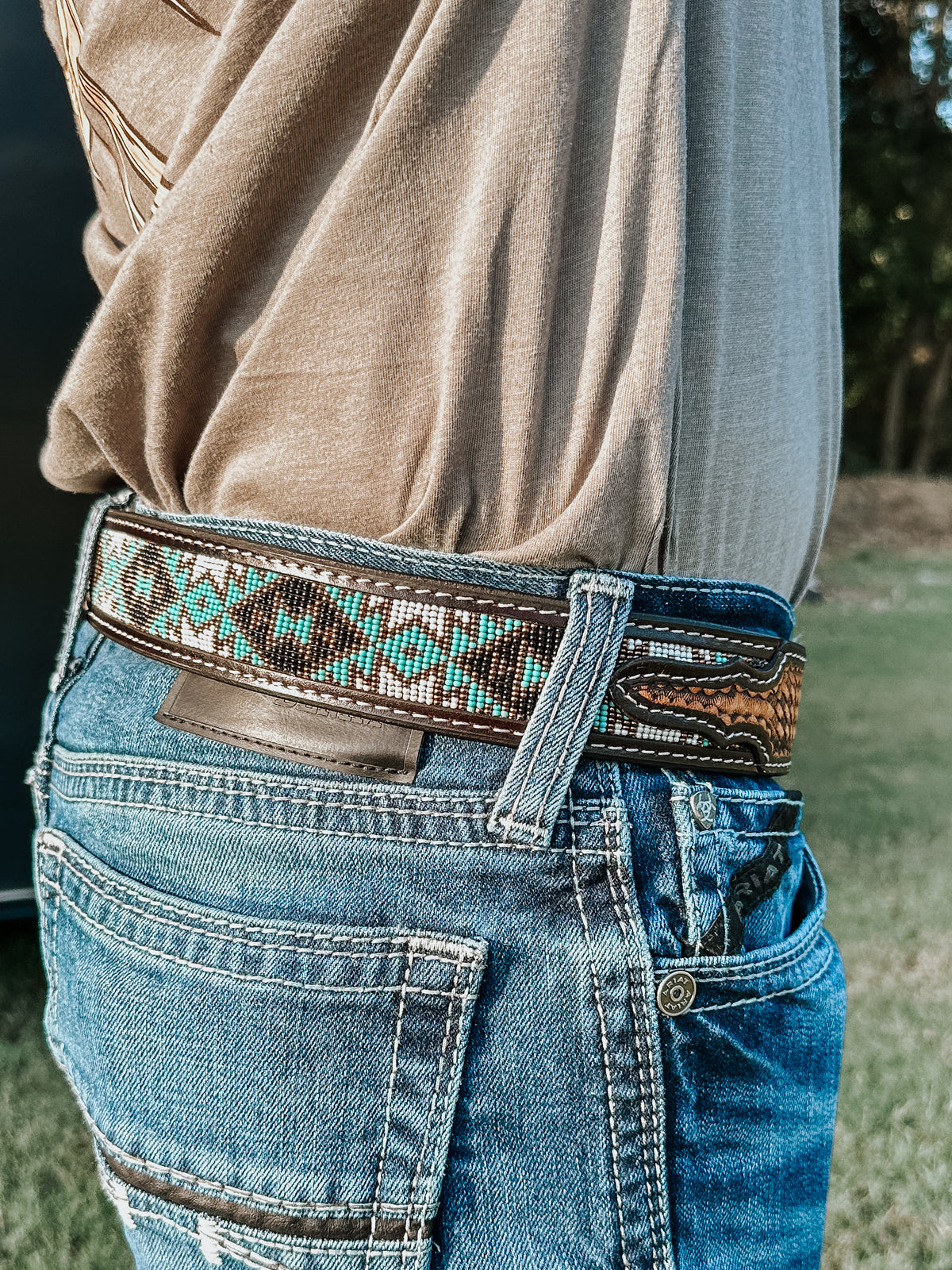 8678 Women\'s Turquoise Beaded Stripe Leather Belt In Tan Size Beaded Belt - Turquoise Sand — Yonder Horse main image 3