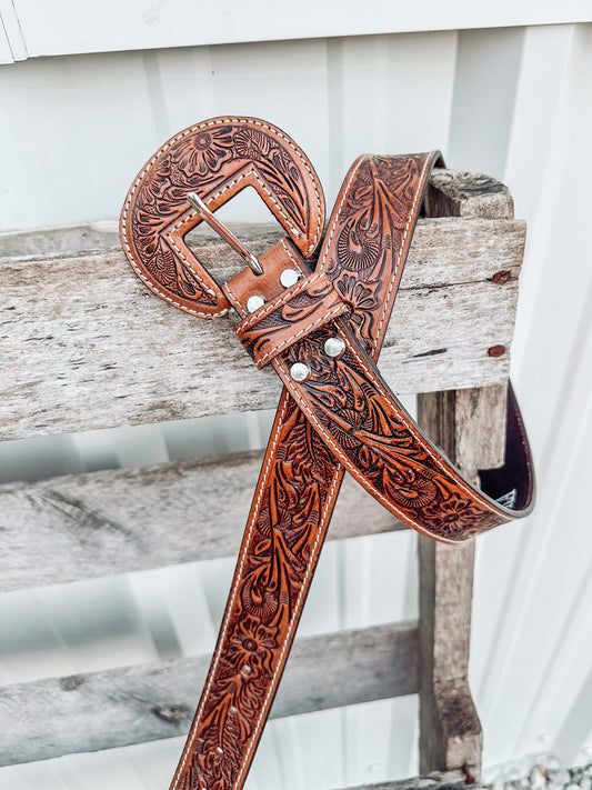 Talon Tooled Leather Belt in Brown