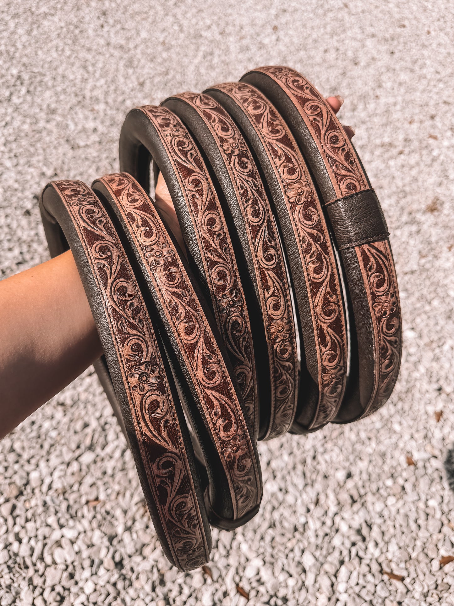 Tooled Leather Steering Wheel Cover in Brown 15 inch