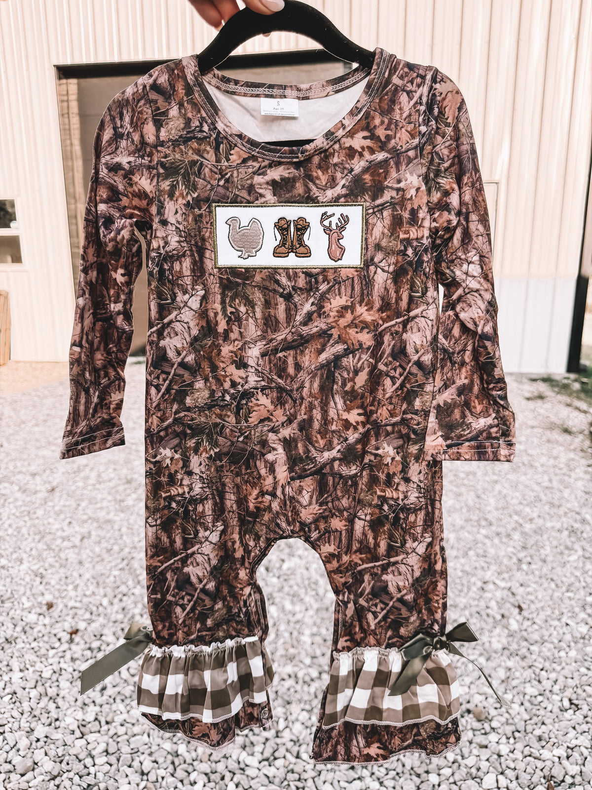 Girls Gingham Camo Ruffle Jumpsuit